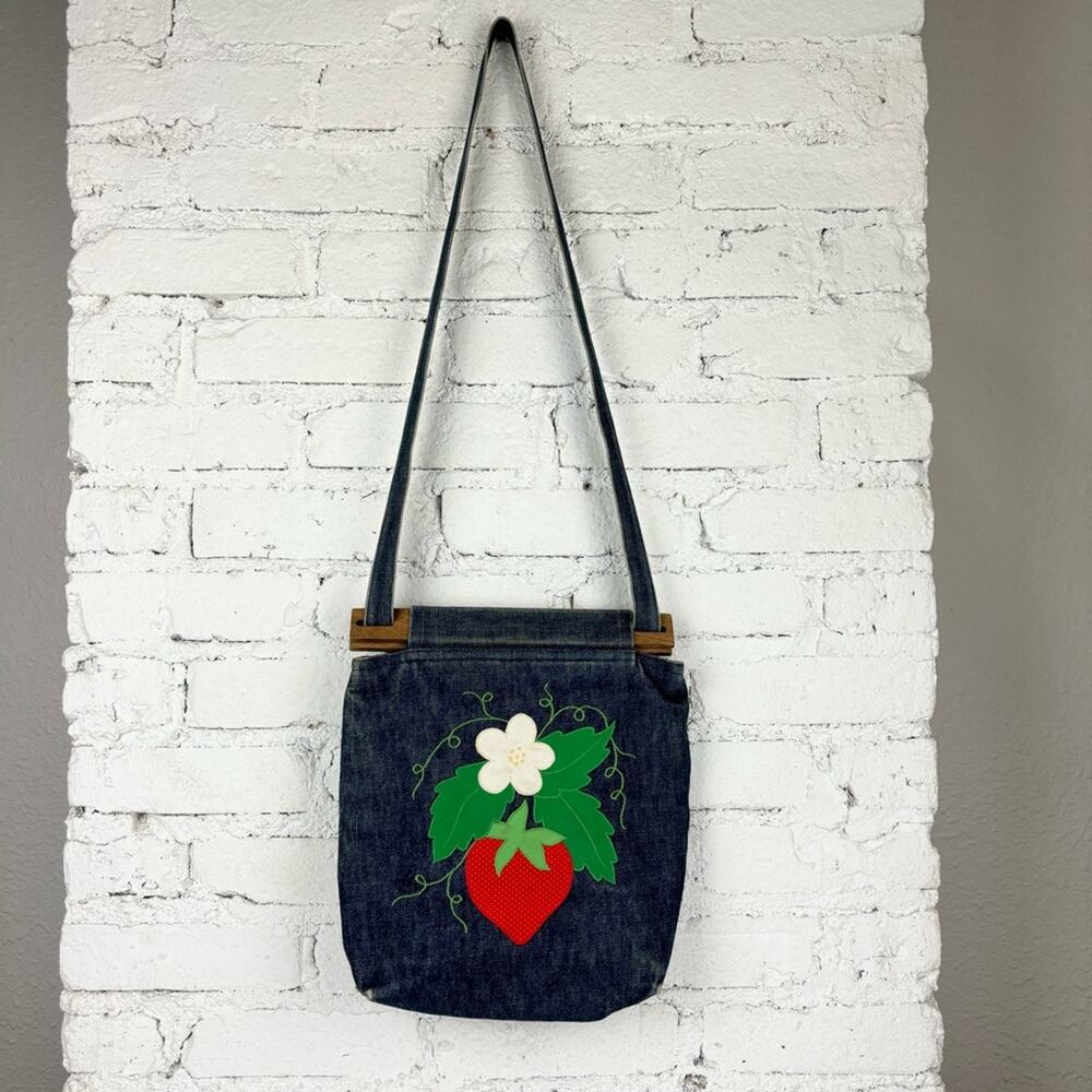 Vintage Handmade Strawberry Applique Denim Purse